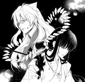 1boy 1girl animal_ears arrow_(projectile) arrow_in_body black_background blood blood_on_clothes blood_on_face breasts cma_cmakuma crystal crystal_shards dog_boy dog_ears furrowed_brow greyscale hair_between_eyes hair_over_one_eye highres inuyasha inuyasha_(character) japanese_clothes kikyou_(inuyasha) long_hair medium_breasts miko milky_way monochrome robe shikon_no_tama sidelocks slit_pupils star_(sky) upper_body white_robe