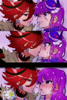 10s 2girls animal_ears blush cure_chocolat cure_macaron defeat earrings eye_contact eyelashes female_focus gloves jewelry kenjou_akira kirakira_precure_a_la_mode kiss kotozume_yukari long_hair looking_at_another mucha_(muchakai) multiple_girls precure purple_eyes purple_hair red_eyes red_hair saliva saliva_trail short_hair smile tears tongue white_gloves yuri