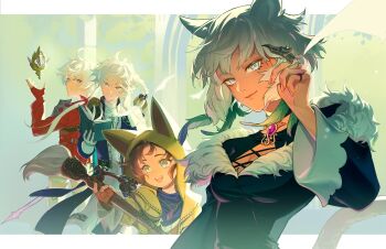 Rule 34 | 1boy, 3girls, ahoge, alisaie leveilleur, alphinaud leveilleur, animal ears, animal hood, black dress, blue coat, blue eyes, book, border, breasts, brother and sister, brown hair, cat ears, cat girl, cat tail, cleavage, closed mouth, coat, dress, elezen, elf, feather hair ornament, feathers, final fantasy, final fantasy xiv, fur-trimmed dress, fur trim, gloves, green hood, grey eyes, grey hair, hair between eyes, hair ornament, hair ribbon, highres, hikazio, holding, holding book, holding paintbrush, hood, krile baldesion (ff14), lalafell, low ponytail, magic, medium breasts, miqo'te, multiple girls, open mouth, paintbrush, parted lips, pointy ears, ponytail, red coat, red ribbon, ribbon, shirt, short hair, short hair with long locks, siblings, smile, tail, teeth, twins, upper body, upper teeth only, white border, white gloves, white shirt, y'shtola rhul