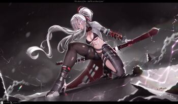 1girl 2024 absurdres alpha_(pgr) asymmetrical_legwear black_bra black_nails blue_eyes bra breasts bright_pupils broken_eyewear cleavage coat coattails commentary dated drawing_sword electricity english_commentary english_text fingerless_gloves gloves goggles goggles_around_neck hair_between_eyes heterochromia high_ponytail highres holding holding_sword holding_weapon katana large_breasts long_hair looking_at_viewer alpha:_crimson_weave_(pgr) mechanical_arms mechanical_hands mismatched_pupils nail_polish on_one_knee open_clothes open_coat parted_bangs parted_lips pixiv_id pixiv_logo ponytail punishing:_gray_raven rain red_eyes scabbard scar scar_on_stomach sheath shin_guards shiwudesu sidelocks signature single_fingerless_glove single_mechanical_arm single_mechanical_hand single_thighhigh skindentation solo sword thigh_strap thighhighs toned toned_female torn_clothes torn_thighhighs twitter_username twitter_x_logo underwear unsheathing water_drop weapon wet white_coat white_gloves white_hair white_pupils