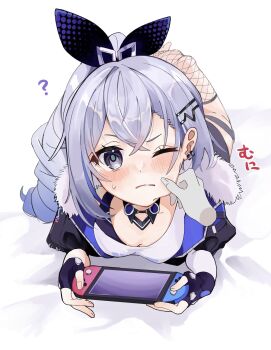 Rule 34 | 1girl, 1other, absurdres, ambiguous gender, black ribbon, breasts, cheek pinching, commentary request, disembodied hand, downblouse, earrings, fingerless gloves, fingernails, gloves, grey eyes, grey hair, hair between eyes, hair ribbon, handheld game console, highres, holding, holding handheld game console, honkai: star rail, honkai (series), jewelry, lying, on stomach, one eye closed, pinching, ribbon, silver wolf (honkai: star rail), solo focus, tukuti