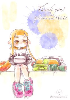 Rule 34 | 1girl, bike shorts, black shorts, blush, closed mouth, copyright name, game console, headphones, headphones removed, highres, holding, holding headphones, inkling, inkling girl, inkling player character, long hair, momohamster01, nintendo, orange hair, paint splatter, pink shoes, pointy ears, shirt, shoelaces, shoes, shorts, single vertical stripe, sitting, smile, sneakers, solo, splatoon (series), splatoon 1, splattershot (splatoon), super soaker, t-shirt, tentacle hair, thank you, twitter username, unworn headphones, very long hair, white shirt, wii u, yellow eyes