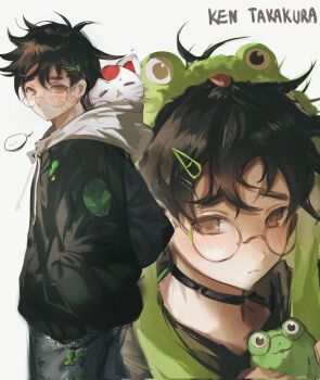 ... 1boy 1other bandaid bandaid_on_cheek bandaid_on_face black_hair black_jacket brown_eyes cat character_name commentary crossed_bandaids dandadan de557777 frog_hair_ornament glasses grey_pants hair_ornament hairclip hands_in_pockets highres hood hoodie jacket light_blush male_focus messy_hair pants round_eyewear short_hair spoken_ellipsis symbol-only_commentary takakura_ken_(dandadan) thick_eyebrows turbo_granny_(dandadan) upper_body white_hoodie