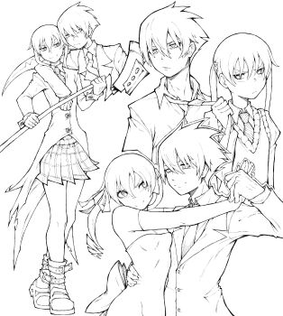 Rule 34 | 1boy, 1girl, absurdres, arm around shoulder, arm on another's shoulder, cardigan, coat, commentary, crossed legs, dancing, diagonal-striped clothes, diagonal-striped necktie, dress, elbow gloves, english commentary, formal clothes, frown, full body, gloves, greyscale, highres, holding, holding scythe, holding weapon, kekel, lapels, looking at another, maka albarn, monochrome, necktie, notched lapels, pinstripe pattern, pinstripe suit, pleated skirt, scythe, shirt, short hair, skirt, smile, soul eater, soul evans, strapless, strapless dress, striped clothes, suit, twintails, v-shaped eyebrows, watson cross, weapon