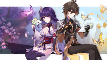 1boy 1girl absurdres animal bird bird_wings black_gloves black_panties blue_pupils blue_sky blunt_bangs blurry blurry_background braid breasts bridal_gauntlets brown_hair brown_pants brown_suit bug butterfly c520gpss chinese_clothes chinese_commentary cleavage commentary_request couple covered_collarbone crossed_legs crystalfly_(genshin_impact) depth_of_field earrings flower formal_clothes friends genshin_impact gloves glowing glowing_butterfly gradient_hair hair_between_eyes hair_ornament highres holding holding_letter huge_breasts insect japanese_clothes jewelry kimono letter light_smile long_braid long_hair long_sleeves looking_at_viewer looking_to_the_side love_letter mole mole_under_eye multicolored_eyes multicolored_hair off_shoulder orange_eyes outdoors panties pants purple_eyes purple_hair purple_kimono purple_thighhighs raiden_shogun red_sash sash shade shadow single_braid single_earring sitting sky streaked_hair suit thighhighs thighs underwear white_flower wings zhongli_(genshin_impact)