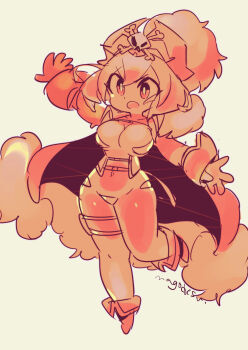 1girl artist_name breasts cleavage coat collared_coat fold-over_boots full_body hat highres lalaco_godspeed large_breasts leg_up mago monochrome open_clothes open_coat open_mouth orange_theme outstretched_arms pirate_hat revealing_clothes short_hair signature simple_background solo spread_arms uchuu_patrol_luluco v-shaped_eyebrows white_background