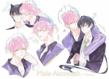 Rule 34 | 2boys, ?, adam's apple, aemeath (wuthering waves), animal ears, arm around shoulder, arm on another's shoulder, averting eyes, black hair, black jacket, black shirt, blazer, blue halo, blue tattoo, blush, bright pupils, cat boy, cat ears, character name, chest tattoo, closed mouth, couple, covering another's mouth, cropped shoulders, cropped torso, dog boy, dog ears, embarrassed, english text, extra ears, genderswap, genderswap (ftm), green necktie, hair intakes, hair over one eye, halo, halo behind head, hand on another's mouth, hand over another's mouth, hashtag-only commentary, head rest, heart, heart tattoo, highres, holding, holding another's wrist, hoxng22, iridescent, jacket, kemonomimi mode, lapels, long sleeves, looking at another, looking at viewer, looking to the side, male focus, male rover (wuthering waves), multiple boys, multiple views, narrowed eyes, necktie, notched lapels, one eye covered, open clothes, open collar, open jacket, parted lips, pink hair, ponytail, profile, purple jacket, rattail, rejected kiss, rover (wuthering waves), school uniform, shirt, short hair, short ponytail, simple background, smile, sparkle, star-shaped pupils, star (symbol), symbol-shaped pupils, tacet mark (wuthering waves), tattoo, two-handed, very short hair, white background, white pupils, white shirt, wing collar, winter uniform, wuthering waves, yaoi, yellow eyes