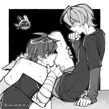 Rule 34 | 2boys, ahoge, artist name, bandaged arm, bandages, bandaid, bandaid on leg, bangboo (zenless zone zero), blush, border, closed eyes, closed mouth, commentary request, crossed bangs, eous (zenless zone zero), greyscale, hair between eyes, hand up, highres, layered sleeves, legs on another's shoulders, lighter (zenless zone zero), long sleeves, looking at another, male focus, male underwear, monochrome, multiple boys, open mouth, outside border, scar, scar on arm, shirt, short hair, short over long sleeves, short sleeves, sitting, socks, sweat, t-shirt, tongue, tongue out, twitter username, underwear, urouroshiro, wise (zenless zone zero), yaoi, zenless zone zero