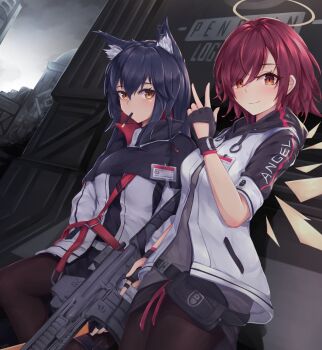2girls absurdres animal_ears arknights black_gloves black_hair black_pantyhose black_shirt black_skirt bow clothes_writing detached_wings exusiai_(arknights) fingerless_gloves gloves grey_shirt gun halo highres holding holding_gun holding_weapon jacket kyl490 long_hair multiple_girls open_clothes open_jacket pantyhose red_bow red_eyes red_hair shirt short_hair skirt smile texas_(arknights) weapon weapon_request white_jacket wings wolf_ears yellow_eyes