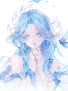 1girl absurdres bare_shoulders blue_eyes blue_hair blue_nails born_flawless_(infinity_nikki) chinese_commentary closed_mouth colored_eyelashes commentary_request coral_hair_ornament cropped_torso dress expressionless eyeliner floating_hair grey_dress hair_ornament hand_on_own_chin hands_on_own_neck highres infinity_nikki jewelry lips long_hair long_sidelocks makeup mugoa_mugo multiple_rings nail_polish nikki_(series) own_hands_together pink_lips ring sidelocks simple_background solo strapless strapless_dress very_long_hair wavy_hair white_background white_eyeliner