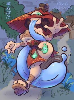 1girl :p absurdres bangboodoragon bare_shoulders black_hair blue_tongue breasts bridge character_name chest_sarashi colored_tongue fewer_digits fire full_body geta green_eyes green_fire hand_up highres hitodama karakasa_obake large_breasts long_tongue looking_at_viewer monster_girl numbered one-eyed original outdoors pelvic_curtain prehensile_tongue rain red_loincloth red_umbrella rope_belt saliva sarashi short_hair smile solo tongue tongue_out traditional_youkai tsukumogami umbrella underboob very_long_tongue waving