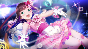 1girl absurdres birthday black_hair blunt_bangs blush breasts commentary dress english_commentary galaxy_hide_and_seek gloves green_eyes hair_ribbon highres hime_cut kuntze kurosawa_dia looking_at_viewer love_live! love_live!_sunshine!! mole mole_under_mouth pink_dress ribbon sidelocks small_breasts solo space sparkle star_(sky) white_gloves wings