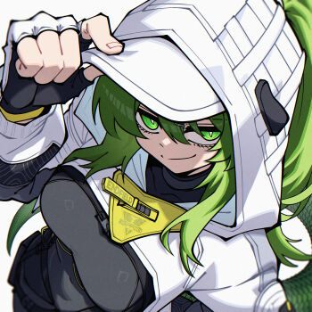 1girl arknights arknights:_endfield black_bodysuit bodysuit breasts bright_pupils closed_mouth commentary covered_navel dryegen fingerless_gloves fluorite_(arknights) gloves green_eyes green_hair hair_between_eyes highres hood hood_up hooded_shrug long_hair looking_at_viewer medium_breasts shrug_(clothing) slit_pupils smile snake_tail solo tail white_pupils white_shrug