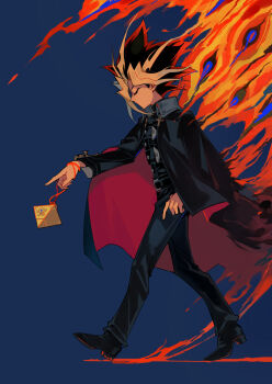 1boy absurdres black_coat black_hair black_pants blonde_hair blue_background closed_eyes coat fire from_side full_body highres male_focus millennium_puzzle multicolored_hair pants profile red_hair saka_nagiya simple_background solo spiked_hair yami_yugi yu-gi-oh! yu-gi-oh!_duel_monsters
