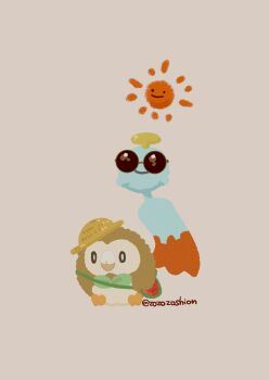 absurdres bag beak bird chimecho closed_mouth gen_3_pokemon gen_7_pokemon hat highres nintendo no_humans owl pokemon pokemon_(creature) pokemon_focus rowlet shoulder_bag simple_background smile sun sun_hat sunglasses wind_chime zozozoshion
