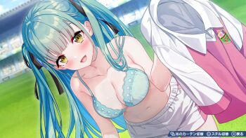 Rule 34 | 1girl, black ribbon, bra, breasts, fantasista asuka, green bra, green hair, hair ribbon, iori akizaki, long hair, navel, official art, open mouth, ribbon, shorts, smile, stadium, two side up, underwear, white shorts, yellow eyes
