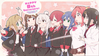 Rule 34 | 6+girls, :d, ^ ^, ahoge, anniversary, bag, black hair, black jacket, black skirt, blonde hair, blue hair, bow, bowtie, brown eyes, brown hair, brown skirt, closed eyes, commentary, copyright name, double v, drooling, english text, fang, green eyes, grin, hair between eyes, hair intakes, hair ornament, hairclip, hand on own chin, highres, hozuki kaede, hozuki momiji, jacket, lab coat, long hair, long sleeves, looking at another, low twintails, matado (almukha), milestone celebration, miniskirt, mouth drool, multiple girls, murosaki miyo, neck ribbon, oka asahi, one eye closed, onii-chan wa oshimai!, open mouth, outline, oyama mahiro, oyama mihari, pleated skirt, red bow, red bowtie, red eyes, red hair, red ribbon, ribbon, school bag, school uniform, shirt, short hair, side ponytail, skirt, smile, star (symbol), tenkawa nayuta, twintails, two side up, untucked shirt, v, wavy mouth, white hair, white outline, white shirt