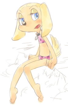 1girl animal animal_ears arm_support barefoot bikini blonde_hair blue_eyes blush brandy_&amp;_mr._whiskers brandy_harrington brown_fur collar disney dog dog_ears dog_girl dog_tail flat_chest furry loli long_hair looking_to_the_side open_mouth pink_bikini polka_dot polka_dot_bikini sitting sketch swimsuit tail twintails white_background yamanokonza