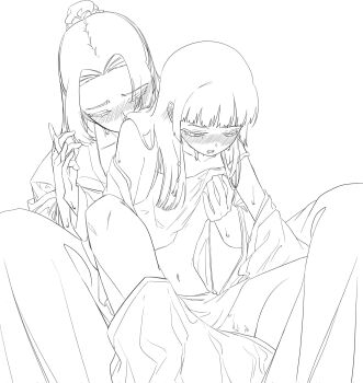 Rule 34 | 1boy, 1girl, beads, blunt bangs, blush, breasts, bun cover, closed eyes, clothes lift, commentary request, drooling, ear blush, feet out of frame, greyscale, hair beads, hair bun, hair ornament, half-closed eyes, half updo, hands on another's chest, hetero, highres, holding hands, implied sex, interlocked fingers, jinshi (kusuriya no hitorigoto), korean commentary, kusuriya no hitorigoto, lineart, long hair, maomao (kusuriya no hitorigoto), midriff, monochrome, mouth drool, navel, nyangnyang19770, open clothes, parted bangs, parted lips, shirt lift, small breasts, sweat, white background