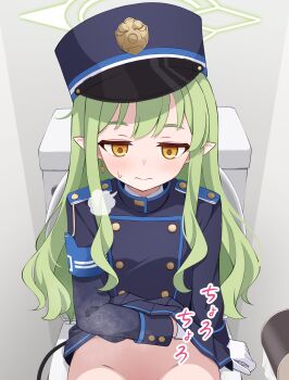 1girl absurdres armband bathroom black_hat blue_archive blue_armband blue_jacket blue_skirt brown_eyes closed_mouth clothes_lift commentary_request dot_nose earrings gloves green_hair green_halo groin hair_between_eyes halo hat highres hikari_(blue_archive) jacket jewelry light_blush loli long_hair long_sidelocks long_sleeves on_toilet paid_reward_available peaked_cap peeing pleated_skirt pointy_ears puff_of_air shijima_(shijima_tc) shirt sidelocks sitting skirt skirt_lift sleeve_cuffs solo straight_hair sweatdrop thick_eyebrows tilted_headwear toilet toilet_paper toilet_use undershirt v-shaped_eyebrows very_long_hair wavy_hair white_gloves white_shirt