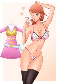 bra breasts brown_eyes brown_hair dress heart large_breasts lingerie lips mirror_selfie one_eye_closed panties persona persona_3 persona_4:_the_ultimate_in_mayonaka_arena ryan_(rrl0215) selfie short_hair takeba_yukari thighhighs underwear wide_hips wink