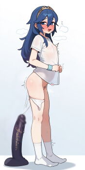 1girl after_masturbation ai-assisted alternate_costume blue_eyes blue_hair blur_censor blush bottomless breasts brittle censored dildo female_pubic_hair fire_emblem from_side full_body hair_between_eyes highres huge_dildo legs long_hair looking_at_viewer lucina_(fire_emblem) nintendo open_mouth panties panties_around_leg pubic_hair pubic_tattoo pussy pussy_juice pussy_juice_trail see-through_clothes see-through_shirt sex_toy shirt short_sleeves simple_background small_breasts smile socks solo sparse_pubic_hair standing sweat t-shirt tattoo tiara trembling underwear white_background white_panties white_shirt white_socks wristband
