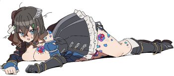 1girl black_hair bloodstained:_ritual_of_the_night bloodstained_(series) blue_eyes breasts brown_hair chomodesuyo cleavage detached_sleeves dress gauntlets gradient_hair hair_between_eyes hair_ornament horns large_breasts looking_at_viewer miriam_(bloodstained) multicolored_hair pale_skin short_hair smile solo stained_glass tattoo