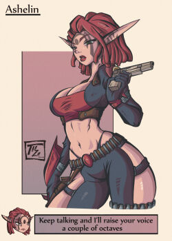 ashelin_praxis curvy dreadlocks green_eyes gun highres jak_and_daxter jak_ii long_ears pants red_hair tattoo tight_clothes tight_pants weapon