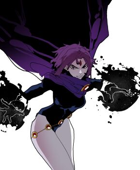 1girl absurdres animification belt black_leotard breasts cloak closed_mouth colored_skin cowboy_shot dc_comics eyelashes floating floating_cape floating_hair forehead_jewel grey_skin highres isaacchief300 leotard lips long_sleeves looking_at_viewer mismatched_eyebrows open_hand paint_splatter purple_cloak purple_eyes purple_hair raven_(dc) simple_background sleeved_leotard small_breasts solo superhero_costume thighhighs umbrakinesis v-shaped_eyebrows white_background