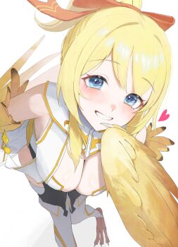 1girl bird_legs blonde_hair blue_eyes bow breasts cleavage feathers hair_bow harpy heart highres indie_virtual_youtuber mavia_(vtuber) monster_girl orange_bow ponytail second-party_source siobell smile solo talons virtual_youtuber white_background winged_arms wings yellow_feathers yellow_wings