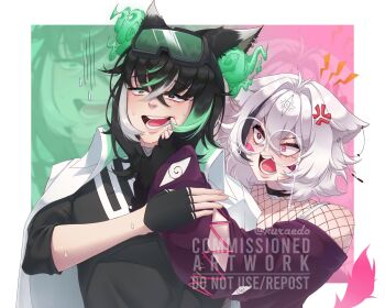 Rule 34 | 1boy, 1girl, anger vein, angry, animal ears, black choker, black eyes, black gloves, black hair, black shirt, choker, commentary, commission, crossed bangs, double-parted bangs, english commentary, finger in another's mouth, fingerless gloves, fishnet top, fishnets, glasses, gloves, goggles, goggles on head, green eyes, green streaks, grey hair, hair between eyes, hair ornament, heterochromia, highres, kuraedo, looking at another, medium hair, multicolored hair, open mouth, original, pink eyes, purple shirt, shirt, short hair, streaked hair, sweat, vgen commission