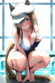 1girl alternate_costume animal_ears arm_between_legs blue_eyes blue_one-piece_swimsuit blurry blurry_background blush breasts brown_hair cheval_grand_(umamusume) cleavage closed_mouth commentary_request ear_covers grabbing_own_breast hat highres horse_ears horse_girl horse_tail hykk7272 large_breasts one-piece_swimsuit peaked_cap poolside simple_background smile solo squatting swimsuit tail umamusume white_background white_hat