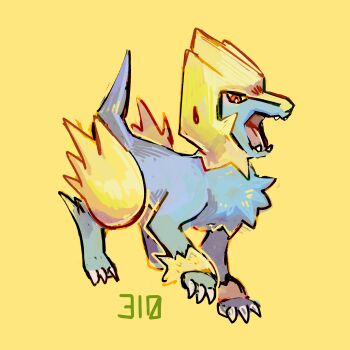 Rule 34 | blue fur, claws, full body, gen 3 pokemon, highres, kurapixel, manectric, nintendo, no humans, numbered, open mouth, pokemon, pokemon (creature), simple background, solo, two-tone fur, yellow background, yellow fur