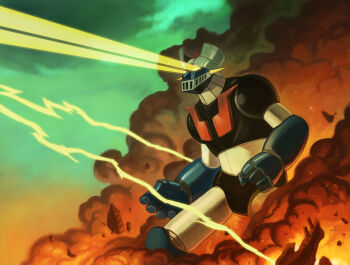 Rule 34 | 1970s (style), electricity, explosion, eye beam, mazinger (series), mazinger z, mazinger z (mecha), mecha, nathanrosario, no humans, oldschool, retro artstyle, robot, science fiction, smoke, super robot, yellow eyes