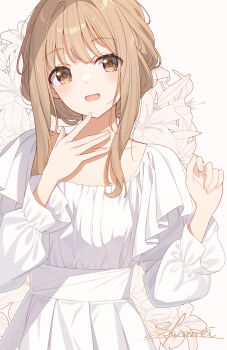 1girl brown_eyes brown_hair collarbone commentary_request dress floral_background flower hands_up highres huyunora long_sleeves looking_at_viewer open_mouth original short_hair_with_long_locks sidelocks signature solo upper_body white_background white_dress white_flower
