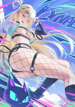 1girl absurdres alternate_costume black_gloves black_shorts blonde_hair blue_eyes breasts character_name colored_tips colorful_background commentary crop_top fingerless_gloves fishnet_pantyhose fishnets gloves hair_ornament hand_up highres long_hair looking_at_viewer lynae_(wuthering_waves) medium_breasts multicolored_hair open_mouth pantyhose raidriar_18 shirt short_shorts short_sleeves shorts skull_hair_ornament smile solo streaked_hair tacet_mark_(wuthering_waves) underboob very_long_hair white_shirt wuthering_waves