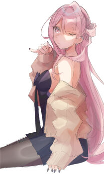 1girl absurdres backless_dress backless_outfit bare_shoulders black_dress black_nails black_pantyhose breasts commentary cowboy_shot dress ear_piercing earrings english_commentary hair_intakes hair_rings highres hito_(maruhito) hoop_earrings jewelry long_hair medium_breasts one_side_up original pantyhose piercing pink_eyes pink_hair pinky_out pleated_dress simple_background single_hair_ring sitting solo strapless strapless_dress very_long_hair white_background