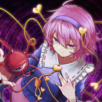 1girl :| album_cover buttons closed_mouth commentary cover frilled_shirt_collar frills from_above hair_ornament hairband hands_up heart heart_button heart_hair_ornament highres komeiji_satori long_sleeves looking_at_viewer looking_up odoro_(nicoseiga81184094) outstretched_hand pink_hair pink_skirt poltanest purple_background purple_eyes purple_hairband purple_shirt shirt short_hair skirt solo third_eye touhou