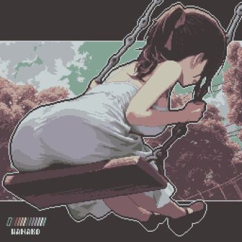 1girl artist_name ass ass_focus bare_shoulders black_hair black_shoes breasts commentary_request dress from_behind hair_ribbon highres large_breasts long_hair on_swing original outdoors pixel_art ponytail ribbon shoes sidelocks sitting solo specialhanako sundress swing white_dress