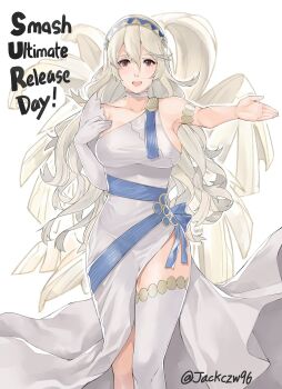 1girl azura_(fire_emblem) bare_shoulders breasts cape female_corrin_(adrift)_(fire_emblem) female_corrin_(fire_emblem) dress female_focus fire_emblem fire_emblem_fates fire_emblem_heroes hair_between_eyes hair_ornament hairband highres j@ck large_breasts long_hair looking_at_viewer nintendo open_mouth pointy_ears red_eyes smile solo standing super_smash_bros. white_hair