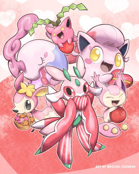 :d basket blush_stickers box closed_eyes commentary deerling eyelashes fangs flower gen_2_pokemon gen_3_pokemon gen_5_pokemon gen_7_pokemon heart-shaped_box highres holding hoppip kelvin-trainerk lurantis musharna nintendo no_humans open_mouth pokemon pokemon_(creature) pokemon_focus scream_tail skitty smile tongue twitter_username u_u valentine yarn yarn_ball yellow_eyes