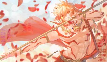 1boy abs arm_tattoo armlet blonde_hair blue_sky bracelet braid cape chest_tattoo clawed_gauntlets commentary facial_tattoo falling_petals floating_cape gold_bracelet gold_necklace gradient_hair highres holding holding_polearm holding_weapon honkai:_star_rail honkai_(series) jewelry male_focus medium_hair multicolored_hair mydei_(honkai:_star_rail) necklace parted_lips pectorals petals polearm red_cape red_hair red_tattoo side_braid side_cape sky solo tanemaki_monaka tattoo toned toned_male watermark weapon yellow_eyes