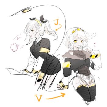 2girls formal_clothes glitch_productions highres j_(murder_drones) jacket keno_(uynay) multiple_girls murder_drones tail thighhighs twintails v_(murder_drones)