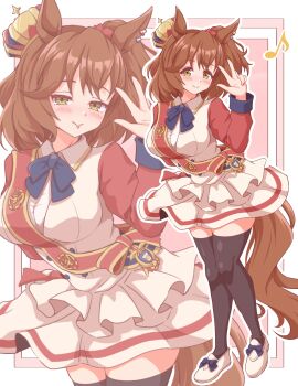 Rule 34 | 1girl, animal ears, aston machan (flare) (umamusume), aston machan (umamusume), black bow, black bowtie, black thighhighs, blush, bow, bowtie, breasts, brown hair, closed mouth, commentary request, crown, green eyes, hair ornament, hair scrunchie, highres, horse ears, horse girl, horse tail, large breasts, long sleeves, looking at viewer, mini crown, mokichi3356, musical note, red sash, red scrunchie, red sleeves, sash, scrunchie, shoes, shoulder sash, skirt, smile, tail, thighhighs, tilted headwear, tongue, tongue out, umamusume, w, zoom layer