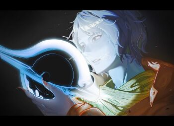 1boy :o black_hole blue_eyes blue_hair blue_skin chromatic_aberration coat_guy_(no_i&#039;m_not_a_human) colored_skin glowing highres holding jacket katsumira letterboxed male_focus no_i&#039;m_not_a_human orange_jacket parted_lips red_nails scarf short_hair solo upper_body