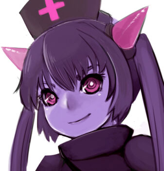 Rule 34 | 1girl, @ @, chrome (mon-musu quest!), close-up, cross, eyebrows, eyelashes, female focus, greek cross, hat, horns, looking at viewer, lowres, mon-musu quest!, nurse cap, oni horns, pink eyes, pink horns, purple hair, red cross, simple background, smile, solo, torotoro resistance, twintails, white background, wizard898
