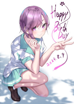 1girl aqua_skirt brown_shoes closed_mouth commentary_request dated full_body happy_birthday hebizono_kyouko highres kamikakushi_no_eden loafers looking_at_viewer pleated_skirt purple_eyes purple_hair sahara386 school_uniform shirt shoes short_hair skirt slit_pupils smile solo standing standing_on_one_leg v white_background white_shirt