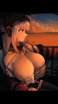 1girl absurdres alternate_breast_size arknights belt breasts car driving emo45454524 fox_girl frostleaf_(arknights) grabbing_another's_breast groping headphones highres large_breasts material_growth motor_vehicle oripathy_lesion_(arknights) red_eyes scarf strap sunset white_hair