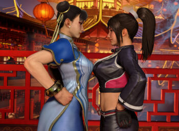 2girls 3d akiman_pose black_gloves bracelet breast_press breasts capcom chun-li cropped_jacket crossover double_bun earrings eye_contact eyeshadow fatal_fury fatal_fury:_city_of_the_wolves gloves hair_bun hair_ribbon highres jewelry large_breasts looking_at_another makeup motoyui multiple_girls pearl_earrings ponytail ribbon rivalry shiranui_mai smile street_fighter street_fighter_6 tagme upper_body yellow_ribbon