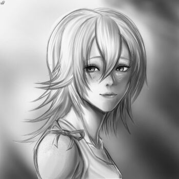 1girl absurdres artist_name blush freckles greyscale hair_between_eyes highres long_hair looking_at_viewer monochrome nexxa nier nier_(series) portrait smile solo square_enix yonah